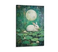 DSJXJZ White Rabbit Under Full Moon on Lily Pads Decorative Painting Canvas Wall Posters And Modern Family Bedroom Decor 08x12inch(20x30cm)