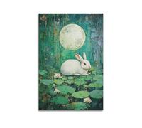 DSJXJZ White Rabbit Under Full Moon on Lily Pads Decorative Painting Canvas Wall Posters And Modern Family Bedroom Decor 08x12inch(20x30cm)