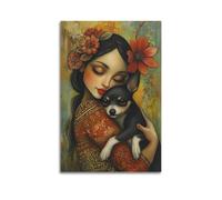 DSJXJZ Young Woman Embracing Small Dog with Floral Adornments Decorative Painting Canvas Wall Posters And Modern Family Bedroom Decor 16x24inch(40x60cm)