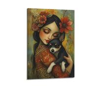 DSJXJZ Young Woman Embracing Small Dog with Floral Adornments Decorative Painting Canvas Wall Posters And Modern Family Bedroom Decor 16x24inch(40x60cm)