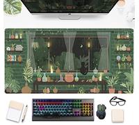 DSKGSJH Cute Rainy Night Desk Mat Green Plants Pad, Anime Black Cat Kawaii Large Gaming Mouse Moonlight Fireflies Deskmat Mousepad XXL, Laptop Keyboard Pad for Desk, 31.5''x15.75''x0.12'' (XCMDHL)
