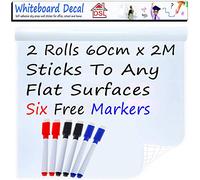 DSL 2 Rolls Thick DIY Whiteboard Sticker 200cm x 60cm Self Adhesive Chalkboard Paper 23.6" x 78.7" Dry Wipe Wall Sticker Wall Paper with 6 Free Eraser Markers for School/Office/Home/Bar…