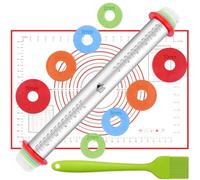 DSL Adjustable Rolling Pin with Thickness Rings & Baking Mat | Includes Baking Mat and Silicone Pastry Brush | Perfect for Pastry, Pizza, Cookies, Fondant and Pie Dough