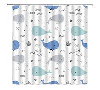 DSMEUE Cartoon Whale Shower Curtain Cute Ocean Underwater Sealife Abstract Blue Gray Fish Tropical Fish Coral Seaweed Hippie Funny Bathroom Decor Curtain with Hooks,60Wx70H Inch