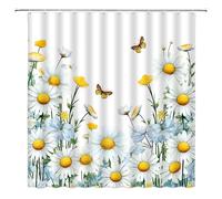 DSMEUE Floral Shower Curtain White Yellow Flower Daisy Butterfly Spring Plant Nature Bathroom Decor Curtain with Hooks,70" Wx70 H