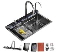 DSMRLEOP 85 x 50 cm Large Kitchen Sink, Waterfall Design, Black Stainless Steel Finish, 1 Basin, Sink with Extendable All-in-One Tap, Glass Rinser and Draining Basket, Kitchen Sink with Accessory Set