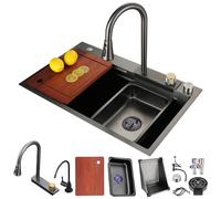 DSMRLEOP Black Stainless Steel Kitchen Sink - Multifunctional Workstation with Extendable Waterfall Tap, High Pressure Cup Rinse, Chopping Board, Siphon with Drain Basket, Overflow and Drain Fitting