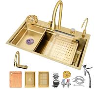 DSMRLEOP Gold Kitchen Sink Waterfall, Bar Sink, 304 Stainless Steel Sink, Domestic Sink Set,Integrated Sink with Removable Faucet, Drop-in Or Undermount Installation (Color : Gold, Size : 68x45cm)