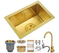 DSMRLEOP Gold Stainless Steel Kitchen Sink, 38x26cm Top Mounted Single Bowl Sink With Golden Faucet, Square Multiple Sizes Handmade Bar/Prep Sink, Nano Sink With Drain Kit, Easy-Clean(Gold#01,38x26cm)