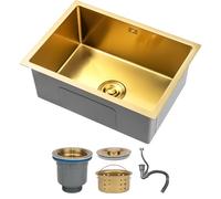 DSMRLEOP Gold Stainless Steel Kitchen Sink, 55x40cm Top Mounted Single Bowl Sink, Square Multiple Sizes Handmade Bar/Prep Sink, Nano Sink with Drain Kit, Easy-Clean(Gold#01,55x40cm)