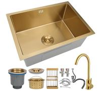 DSMRLEOP Gold Stainless Steel Kitchen Sink, Nano-Coated Single Bowl Design In Multiple Sizes, Drop-In Or Undermount Installation Bar Sink, Easy-Clean Handmade Prep Sink With Drain Kit(Gold-Faucet#01,6