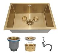 DSMRLEOP Gold Stainless Steel Kitchen Sink, Single Bowl, Drop-in or Undermount Installation, Handmade Bar/Prep Sink with Easy-Clean Nano Coating & Sloped Drain, Modern Square Shape(55x40cm)