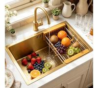 DSMRLEOP Gold Stainless Steel Top Mounted Single Bowl Kitchen Sink - 60x40cm Square Handmade Bar/Prep With Nano Coating and Drain Kit, Easy-Clean (Gold#01)