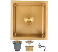 DSMRLEOP Gold Stainless Steel Top Mounted Single Bowl Sink, 38x38cm Square Handmade Bar/Prep with Nano Coating and Drain Kit, Easy-Clean (Gold#01)