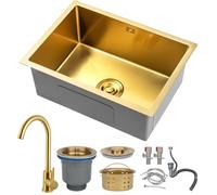 DSMRLEOP Gold Stainless Steel Top Mounted Single Bowl Sink 55x40cm With Golden Faucet - Square Multiple Sizes Handmade Bar/Prep Design With Nano Coating and Drain Kit, Easy-Clean