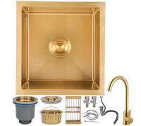 DSMRLEOP Gold Stainless Steel Top Mounted Single Bowl Sink With Golden Faucet - Square Handmade Bar/Prep With Nano Coating, 38x38cm, Easy-Clean Drain Kit (Gold#01)