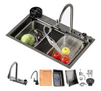 DSMRLEOP Kitchen Waterfall Sink Workstation - with Waterfall Faucet, Pressurized Coaster and Dishwashing Accessories, Black Waterfall Stainless Steel Large Single Bowl Sink(75x45x22cm)