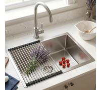 DSMRLEOP Silver Large Kitchen Sink, Kitchen Bar Sink, Single Bowl Made of 304 Stainless Steel, Undermount Sink with Draining Rack, Drain Fitting and Overflow Kit (Silcer #04, 38 x 38 cm)