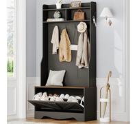 DSNAPE Hall Tree with Bench, Entryway Bench with Coat Rack and Shoe Cabinet, Flip Drawers, Farmhouse Hall Tree with Shoe Organizer, Black and Walnut