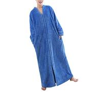 DSNOW Ladies Zip Fleece Waffle Long Dressing Gown Fluffy Towelling Bathrobe Sleepwear, Blue, L