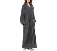 DSNOW Ladies Zip Fleece Waffle Long Dressing Gown Fluffy Towelling Bathrobe Sleepwear, Grey, L