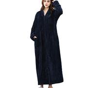 DSNOW Ladies Zip Fleece Waffle Long Dressing Gown Fluffy Towelling Bathrobe Sleepwear, Navy, XL