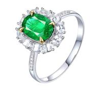 Dsnyu 18K White Gold Ring Wedding Band, Halo Women Rings Size U 1/2 | Simple Engagement Band Pave with 1.15ct Green Lab Created Emerald and Moissanite, Versatile Casual