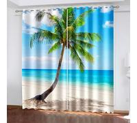 Dsnyu Cute Blackout Curtains, 54 Inch Curtains Seaside Palm Tree Landscape Polyester Blue Green Beige Drapes Home Decorative 2 Panels 34W x 54L Inch