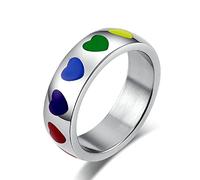 Dsnyu Rainbow Gay Pride Ring Heart Enamel 6MM Stainless Steel Engagement Rings for Couples Size T 1/2