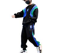 DSOUWEH Autumn Kids Clothes Set Boys Cotton Letter T-Shirt Pants 2 Pieces Children Sport Splicing Loose Bottom Tracksuit, Black, 170