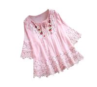 DSOUWEH Comfortable and Durable Womens Vintage Blouse Fabric is Soft and Long-Lasting V-Neck Fiber for Female Shirt Tops, Pink, S