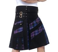 DSS KILTS- Men's Modern Hybrid Cotton & Tartan Cross Strip Designer Kilts for Weddings, Black Cotton & Pride of Scotland Tartan, 36