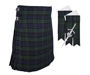 DSS Kilts Scottish 8 Yard Black Watch Tartan Kilt for Men with Matching Sock Flashes and Thistle Kilt pin, Black Watch, 38
