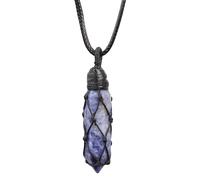 dssmboom Hexagonal Wrapped Braided Stone Wand Pendant Necklace for Women and Men, Blue Spot Stone Crystal Point Pendant with Adjustable Rope