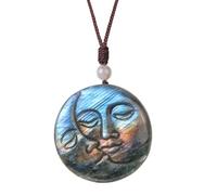 dssmboom Natural Labradorite Stone Pendant Necklace for Men Women, Handcrafted Sun Moon Face Pendant Crystal Stone Necklace with Adjustable Rope