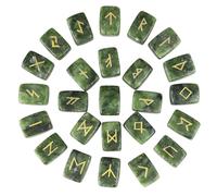 dssmboom Pack of 25 Rune Stones Engraved Pagan Lettering, Irregular Tumbled Stone Set with Golden Elder Futhark Alphabet for Crystal Divination Wicca and Reiki Healing, Green Jade