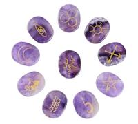 dssmboom Set of 10 Amethyst Crystal Rune Stones Engraved Gypsy Symbol Pocket Stone for Divination Chakra Balancing Rei Healing