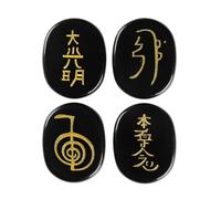 dssmboom Set of 4 Oval Black Agate Crystal Engraved Usui Reiki Symbols Pocket Worry Palm Stone for Chakra Balancing Meditation Spiritual Healing