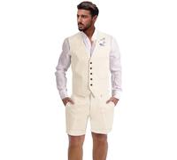 Dsteng Mens Linen Suit 2 Piece Short Suits for Men Casual Summer Beach Wedding Suit Linen Vest Shorts Set, Beige, 4XL