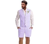 Dsteng Mens Linen Suit 2 Piece Short Suits for Men Casual Summer Beach Wedding Suit Linen Vest Shorts Set, Lavender, M