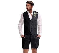 Dsteng Mens Linen Suit 2 Piece Short Suits for Men Casual Summer Beach Wedding Suit Linen Vest Shorts Set, Black, L