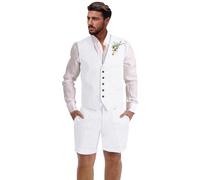 Dsteng Mens Linen Suit 2 Piece Short Suits for Men Casual Summer Beach Wedding Suit Linen Vest Shorts Set, White, L
