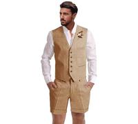 Dsteng Mens Linen Suit 2 Piece Short Suits for Men Casual Summer Beach Wedding Suit Linen Vest Shorts Set, Khaki, XXL