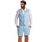 Dsteng Mens Linen Suit 2 Piece Short Suits for Men Casual Summer Beach Wedding Suit Linen Vest Shorts Set, Light Blue, L