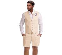 Dsteng Mens Linen Suit 2 Piece Short Suits for Men Casual Summer Beach Wedding Suit Linen Vest Shorts Set, Champagne, S