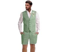 Dsteng Mens Linen Suit 2 Piece Short Suits for Men Casual Summer Beach Wedding Suit Linen Vest Shorts Set, Sage Green, XL