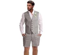 Dsteng Mens Linen Suit 2 Piece Short Suits for Men Casual Summer Beach Wedding Suit Linen Vest Shorts Set, Grey, L