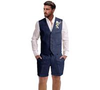 Dsteng Mens Linen Suit 2 Piece Short Suits for Men Casual Summer Beach Wedding Suit Linen Vest Shorts Set, Navy Blue, M