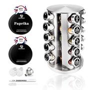 DSUID SAEIV 360° Rotating Spice Rack, Round Stainless Steel Spice Rack with Jars, Spice Organiser, Lazy Susan for Kitchen Storage & Organisation, Set with Labels, Funnel, Brush, Pen & Spice Stopper