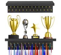 DSVENROLY Medal Holder Display Trophy Shelf Organizer, Sturdy Wooden Race Award Hanger Rack with 25 Steel Hooks, Wall Mount Storage Stand for Sports Fans, Cheer Success, Retro Grey, 2 Pack